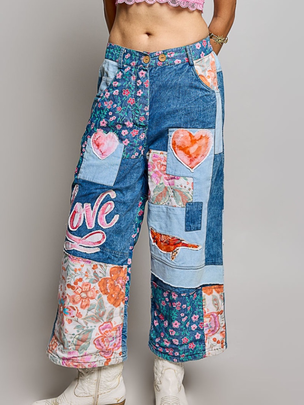 POL Denim Stretchy Waist Heart Birds Love Graphic Patchwork Wide leg Pants - Picture 6 of 9